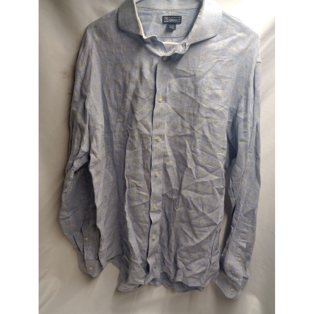 Lands End Shirt Mens 16.5 34 Blue Check Baird McNutt‎ Irish Linen Button Up